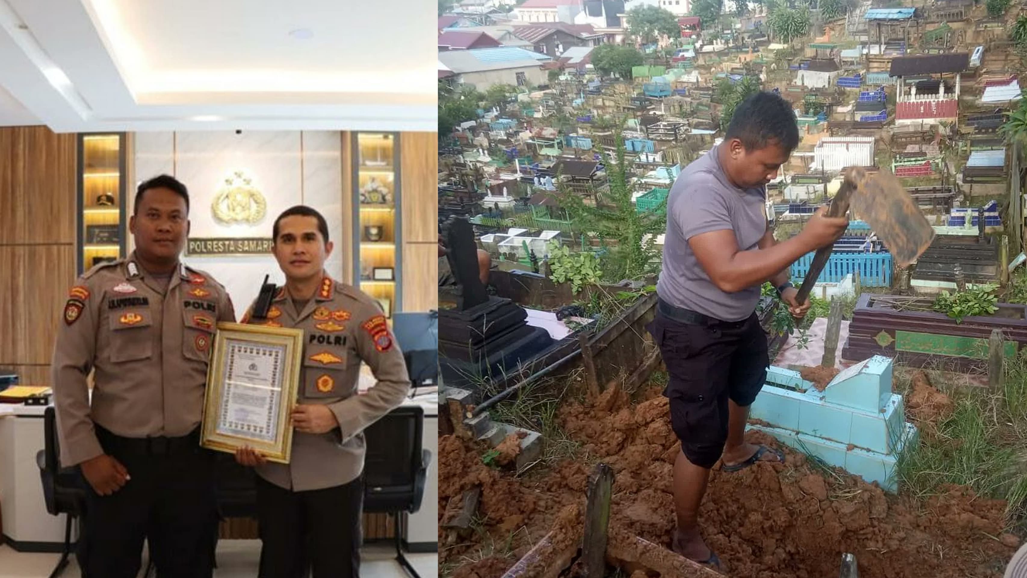 Anggota Polsek Samarinda Ulu membantu masyarakat menggali kubur tanpa memungut biaya. (X/@BintangSkck)