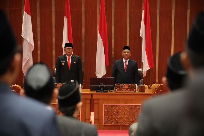 PERDANA: Rapat paripurna penyampaian pidato bupati dan wakil bupati Sleman Jumat (28/2).