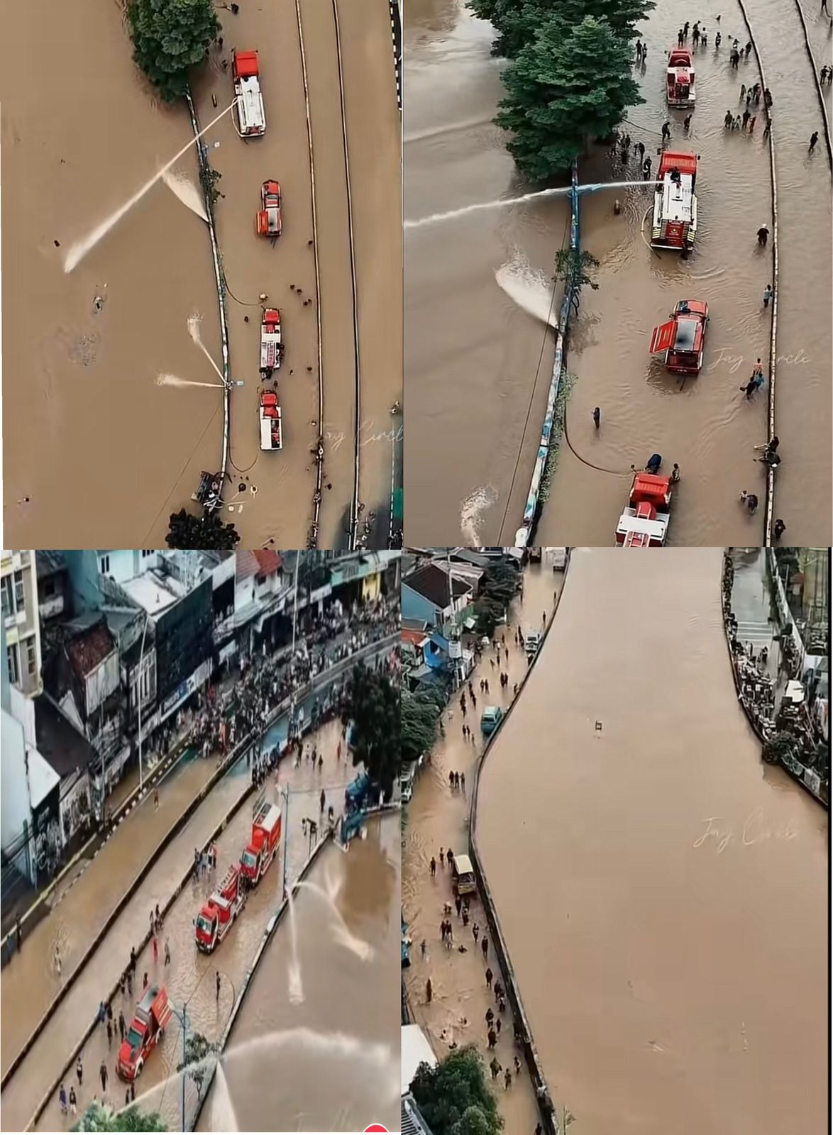 Potret Udara Saat Damkar Bantu Sedot Air Tanpa Henti dijalan Jatinegara yang Tergenang Banjir.