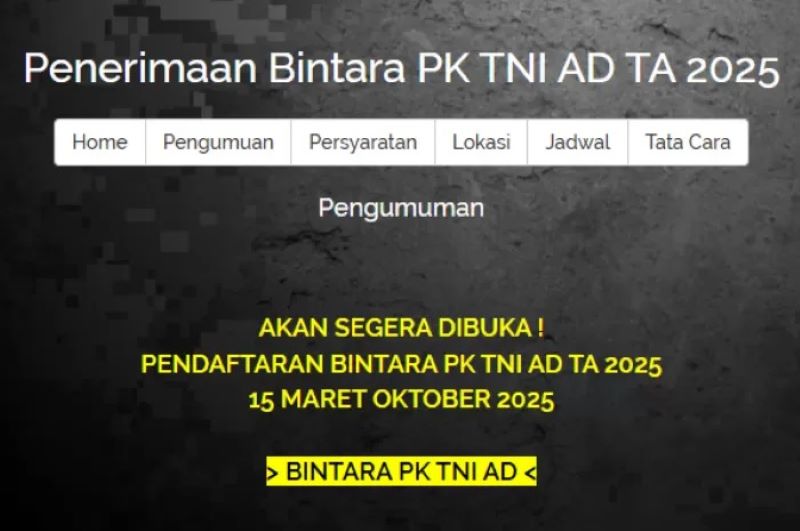 Tampilan laman rekrutmen TNI AD 2025. Pendaftaran akan segera dibuka simak jadwal dan tata caranya.