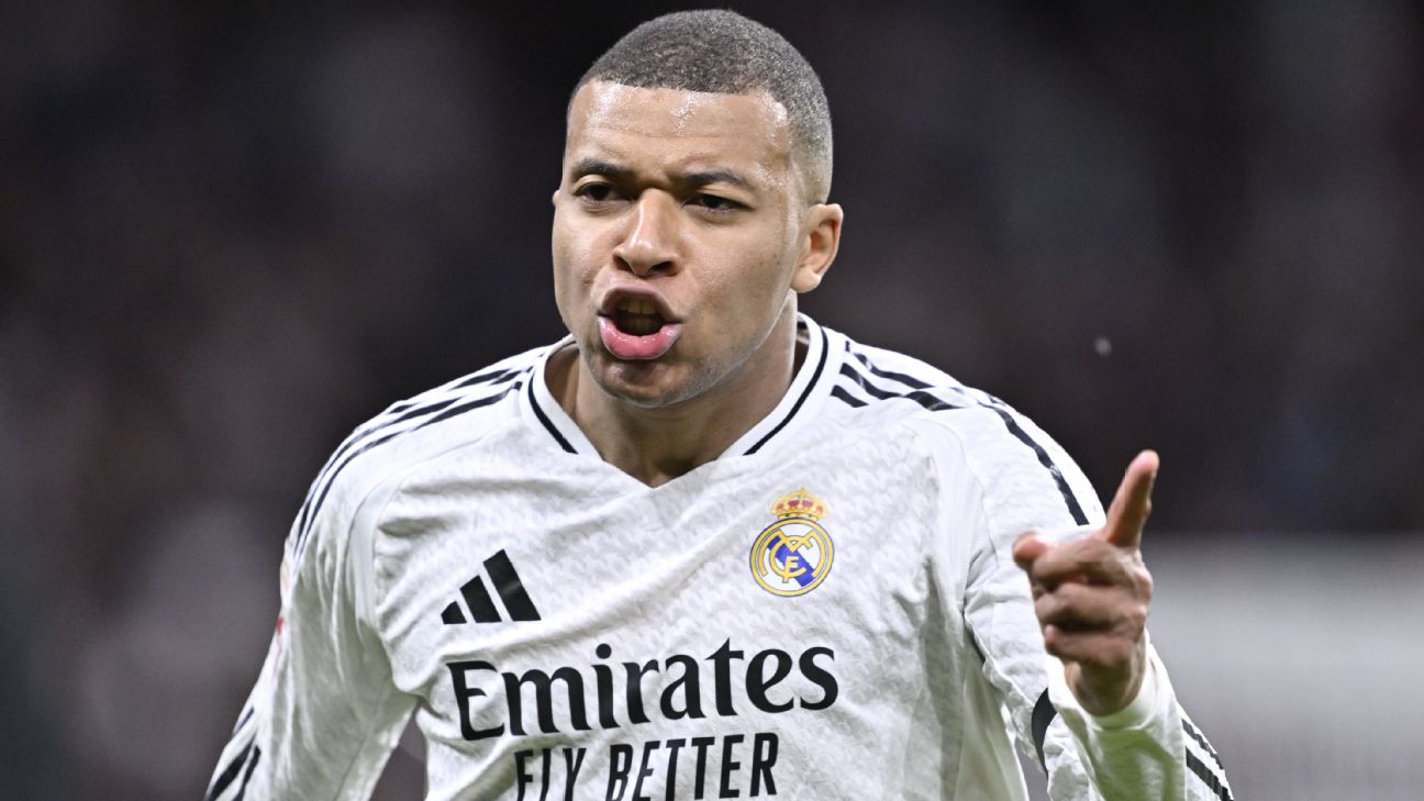 Selebrasi Kylian Mbappe setelah mencetak gol pembuka Real Madrid ke gawang Rayo Vallecano
