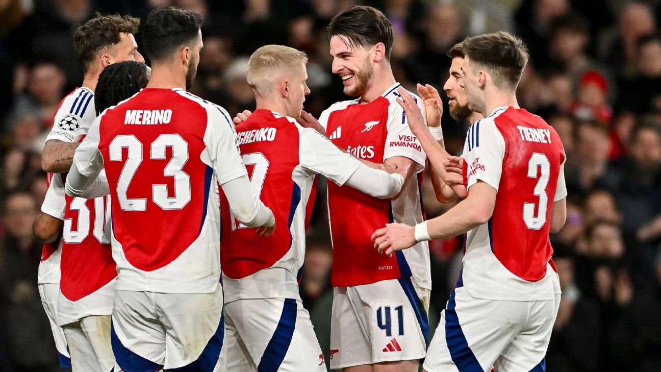 Selebrasi pemain Arsenal setelah mencetak gol ke gawang PSV Eindhoven pada leg kedua Liga Champions babak 16 besar