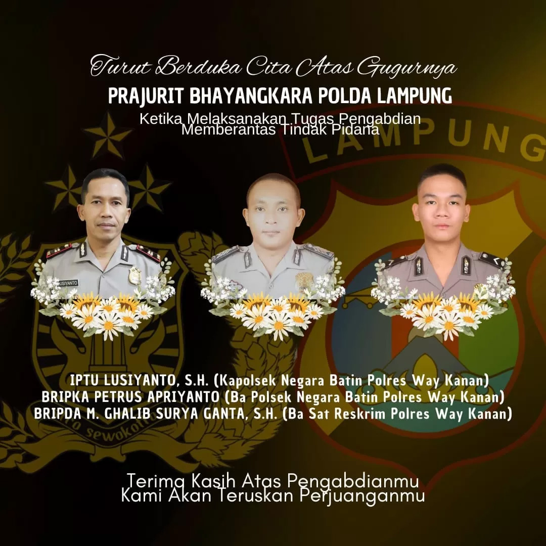 Kapolsek Negara Batin IPTU Lusiyanto, Bripka Petrus, dan Bripda Ghalib gugur saat menggerebek sabung ayam di Lampung. (Istimewa).