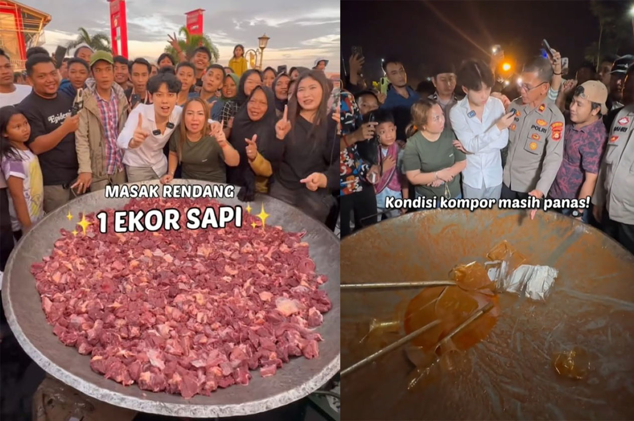 Momen daging 1 ekor sapi sebelum hilang dan setelah ludes diambil warga padahal olahan belum  matang.