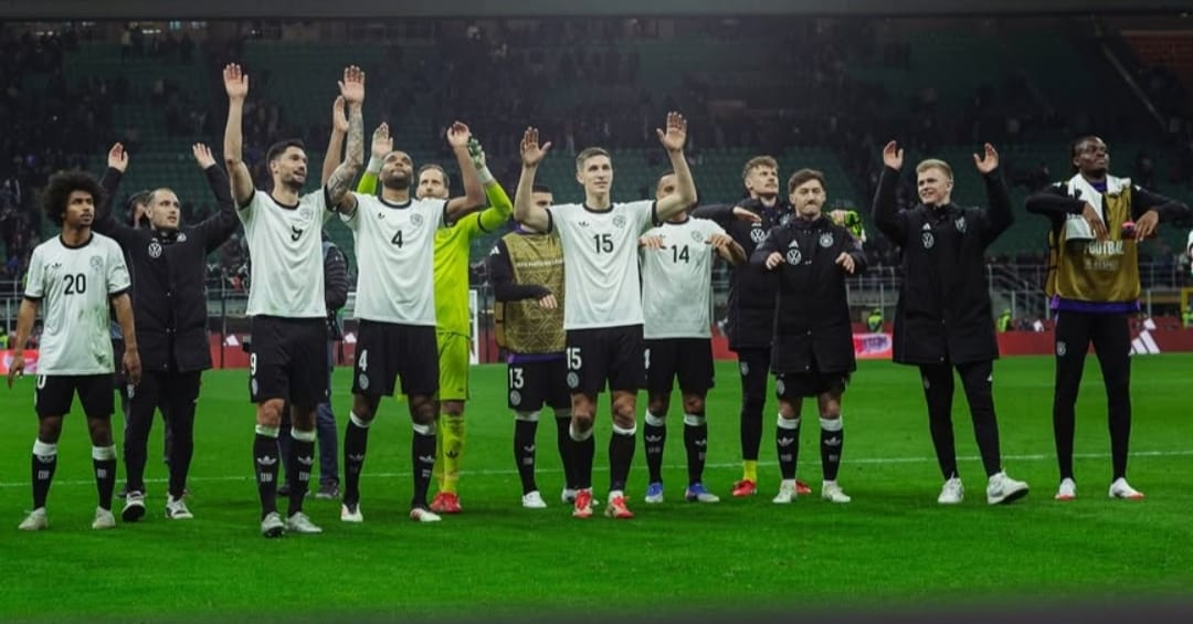 Pemain Jerman rayakan kemenangan atas Italia pada leg pertama perempat final Uefa Nations League di San Siro
