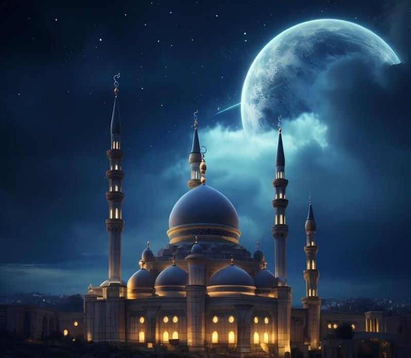 Ilustrasi pemandangan Masjid di malam hari.