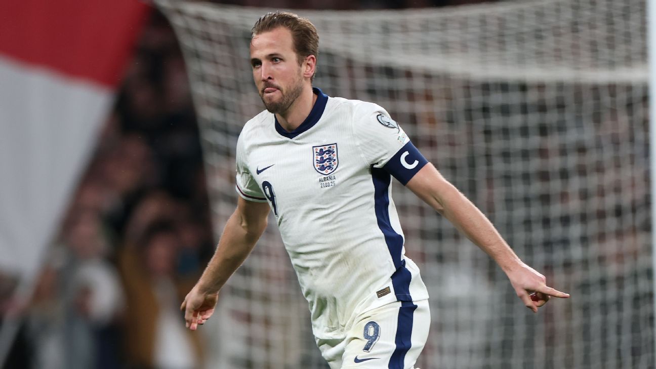 Selebrasi Harry Kane setelah mencetak gol kedua Inggris ke gawang Albania