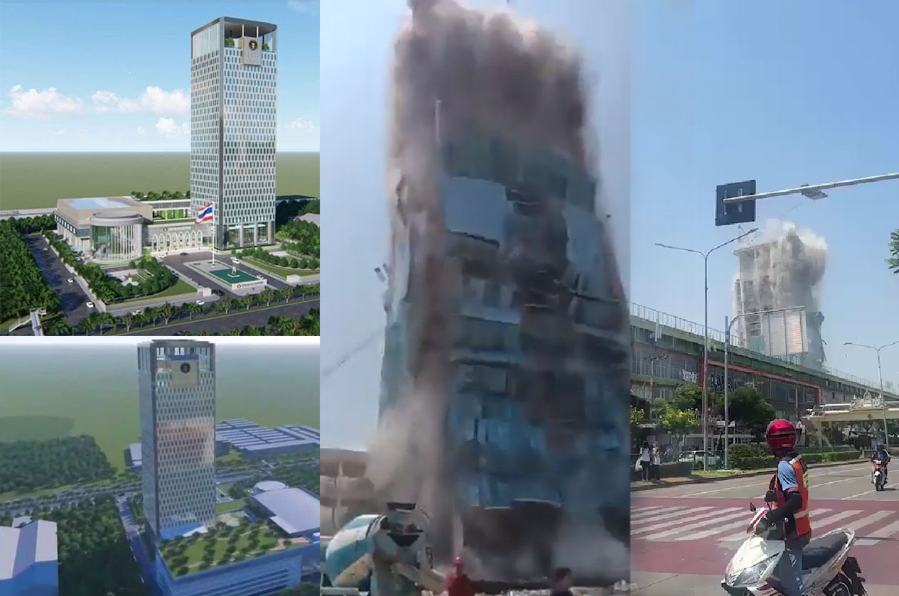 Gedung pencakar langit 29 lantai di Distrik Chatuchak roboh diguncang Gempa 7,4 SR. Natizen pertanyakan anggaran dan konstruksi.