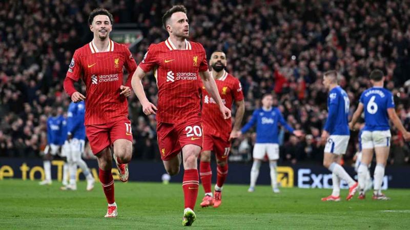 Selebrasi Diogo Jota setelah mencetak gol ke gawang Everton dalam kemenangan Liverpool di Derbi Merseyside