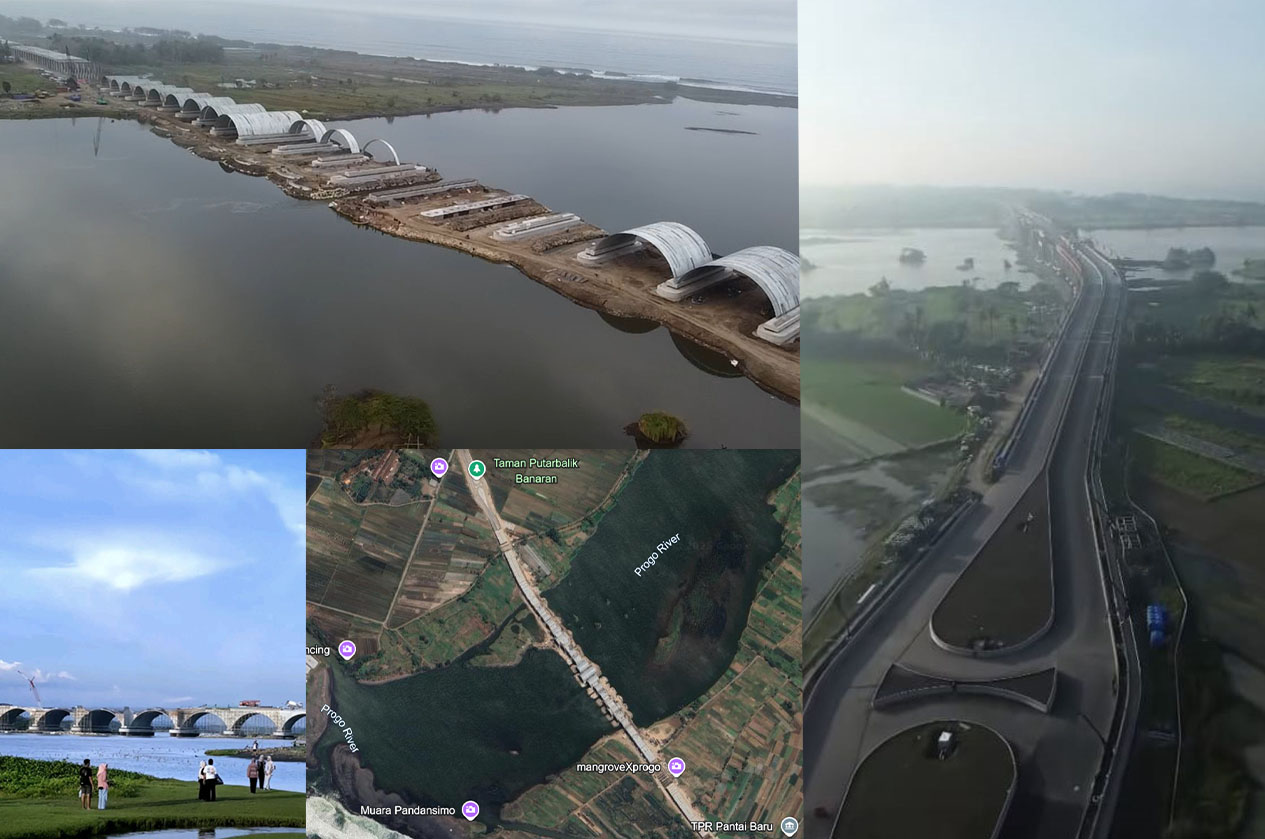 Proyek Strategis Nasional Jembatan Pandansimo di Sungai Progo, Yogyakarta.