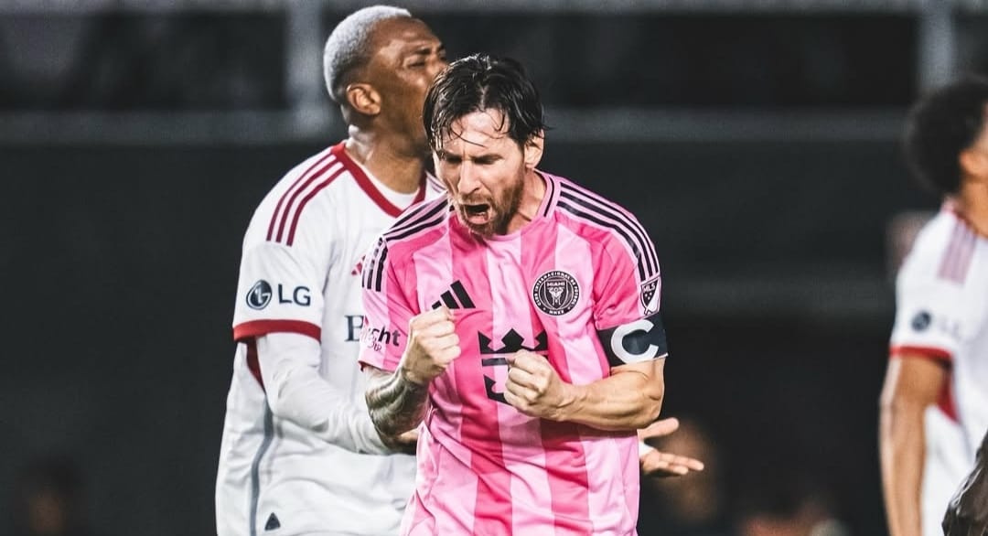 Selebrasi Lionel Messi setelah mencetak gol bagi Inter Miami dalam hasil imbang kontra Toronto FC
