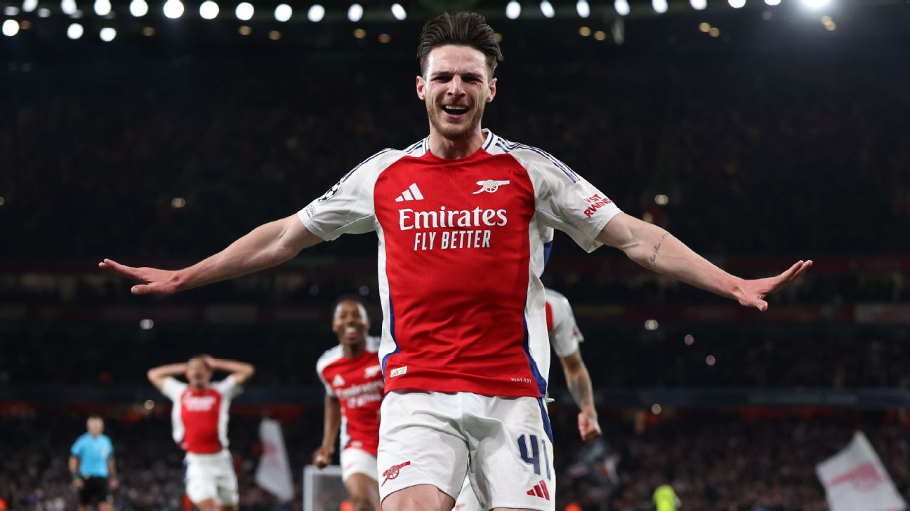 Selebrasi Declan Rice setelah mencetak gol ke gawang Real Madrid