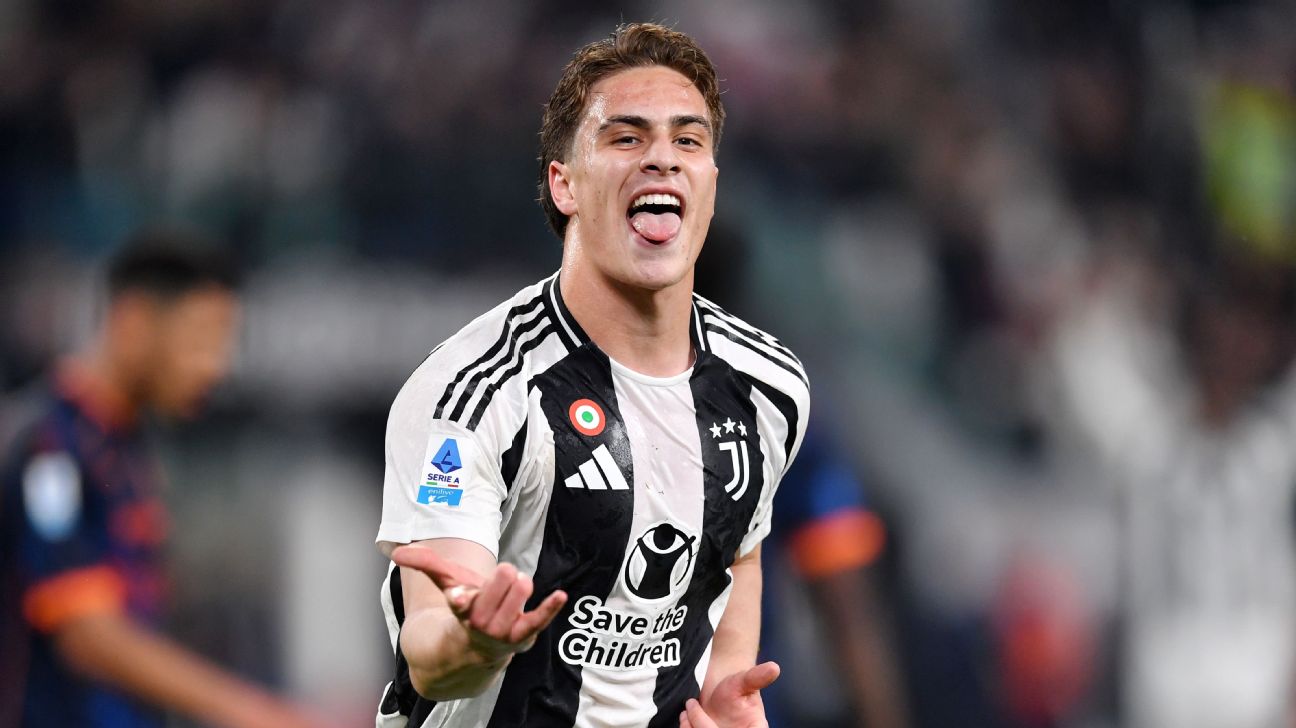 Selebrasi Kenan Yildiz setelah mencetak gol ke gawang Lecce dalam kemenangan 2-1 bagi Juventus