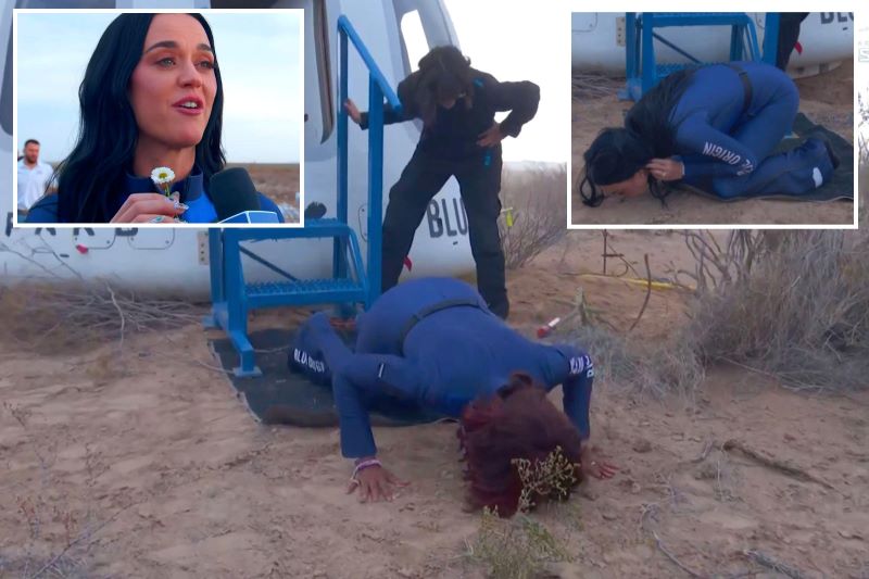 Katy Perry dan Gayle King mencium tanah setelah keluar dari wahana antariksa Blue Origin setelah empat menit berada di luar angkasa.