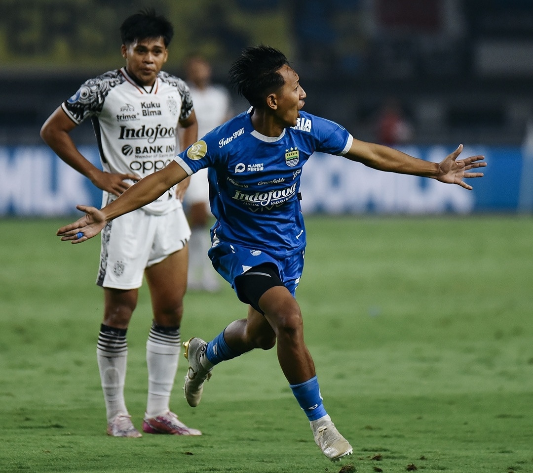 Selebrasi Beckham Putra setelah mencetak gol penyeimbang dalam laga Persib Bandung vs Bali United