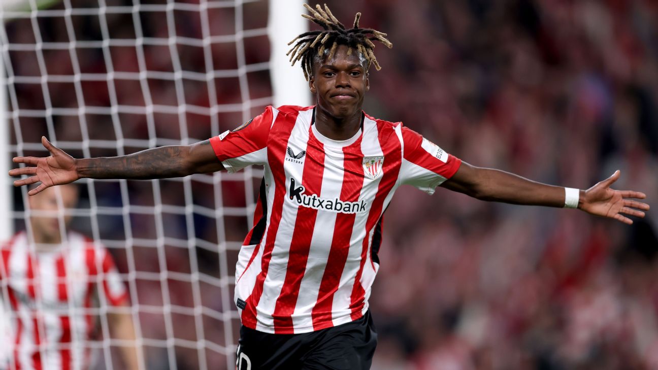 Selebrasi Nico Williams setelah mencetak gol kedua dalam kemenangan 2-0 Athletic Bilbao atas Rangers