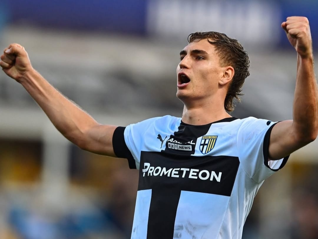 Selebrasi Mateo Pellegrino setelah mencetak gol kemenangan Parma atas Juventus