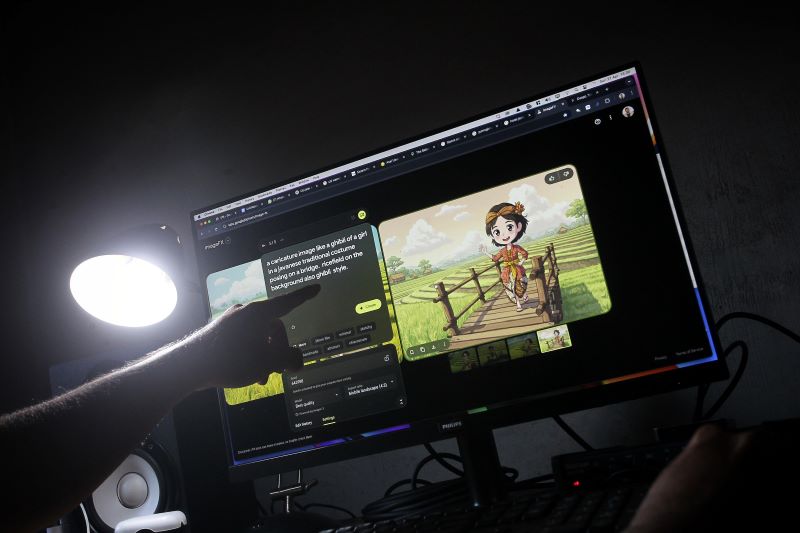 Desainer grafis menghasilkan karya karikatur menggunakan bantuan AI atau Artificial Intelligence