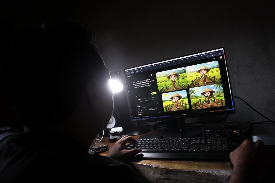 Desainer grafis menghasilkan karya karikatur menggunakan bantuan AI atau Artificial Intelligence, Minggu (27/4/2025)