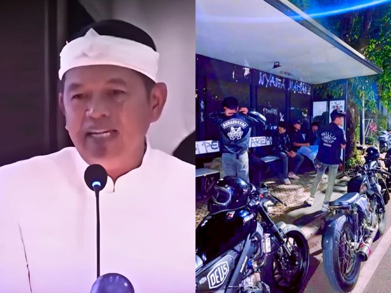 Kolase foto Gubernur Jawa Barat, Dedi Mulyadi dan ilustrasi geng motor.