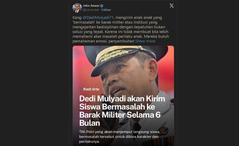 Joko Anwar turut tanggapi langkah Dedi Mulyadi atasi kenakalan remaja dengan mengirim ke barak militer.