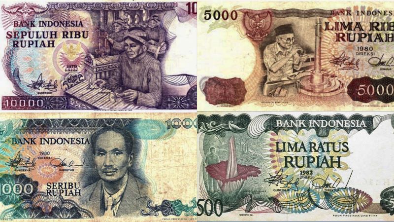 Uang Rp 10.000 (1979), Rp 5.000 (1980), Rp 1.000 (1980), dan Rp 500 (1982).