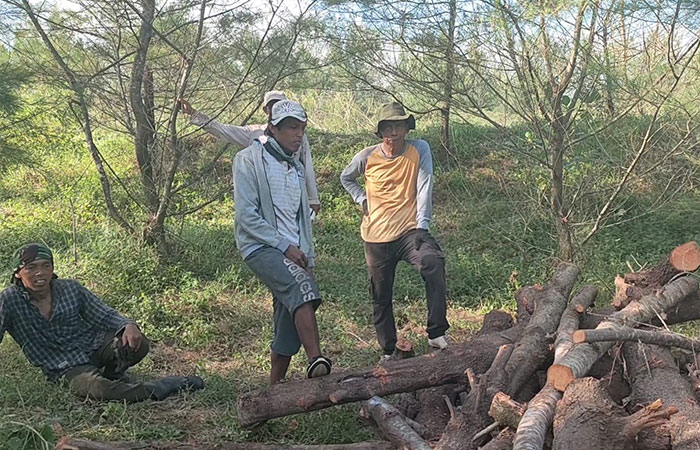 ISTIRAHAT: Pekerja beristirahat di Greenbelt usai melakukan penebangan.