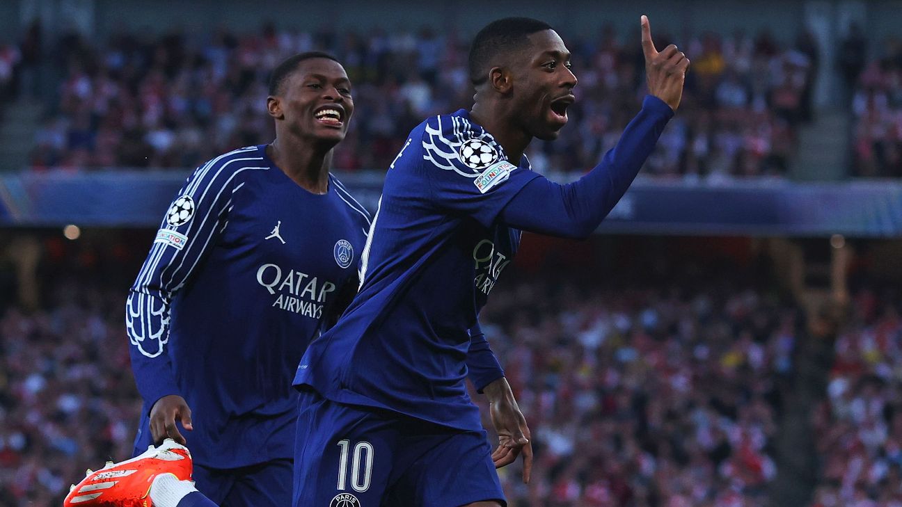 Selebrasi Ousmane Dembele setelah mencetak gol kemenangan PSG atas Arsenal di semifinal Liga Champions di Emirates