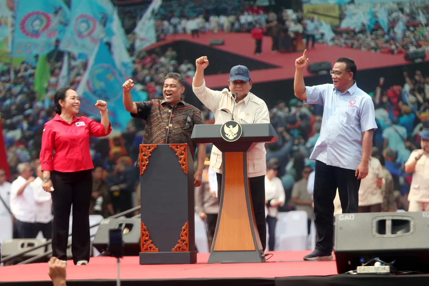 Pidato Presiden Prabowo Subianto pada peringatan Hari Buruh Internasional atau May Day di Lapangan Monas, Jakarta, Kamis (1/5/2025). (Dery Ridwansah/ JawaPos.com)