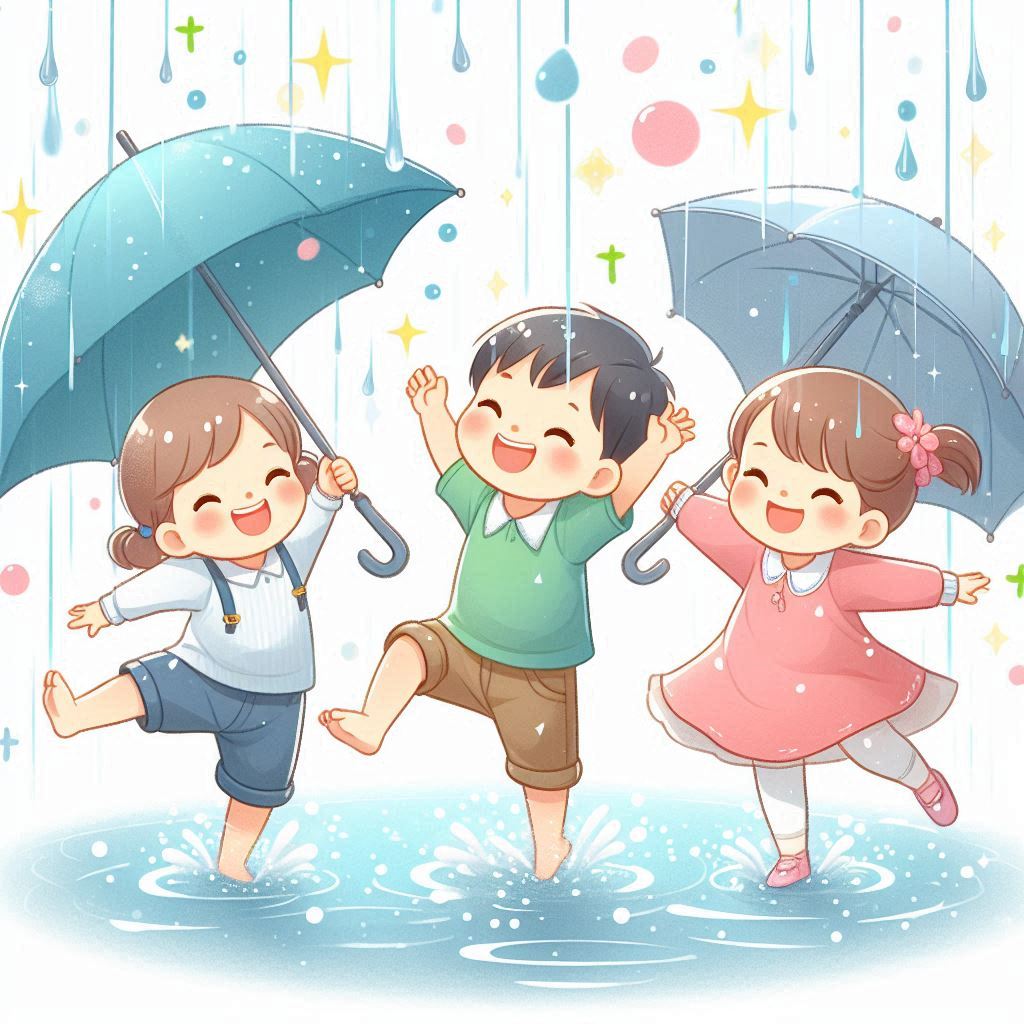 Ilustrasi hujan ringan. Anak-anak bermain hujan-hujanan.