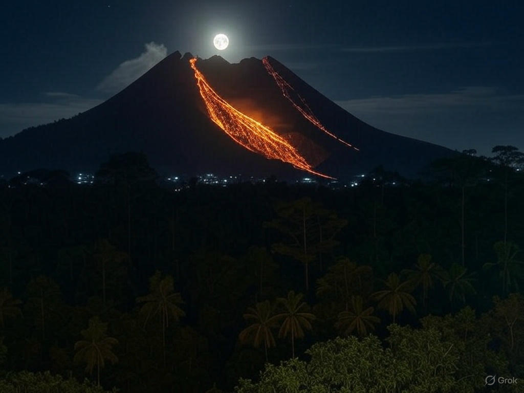 Ilustrasi gunung berapi mengeluarkan lava pijar.