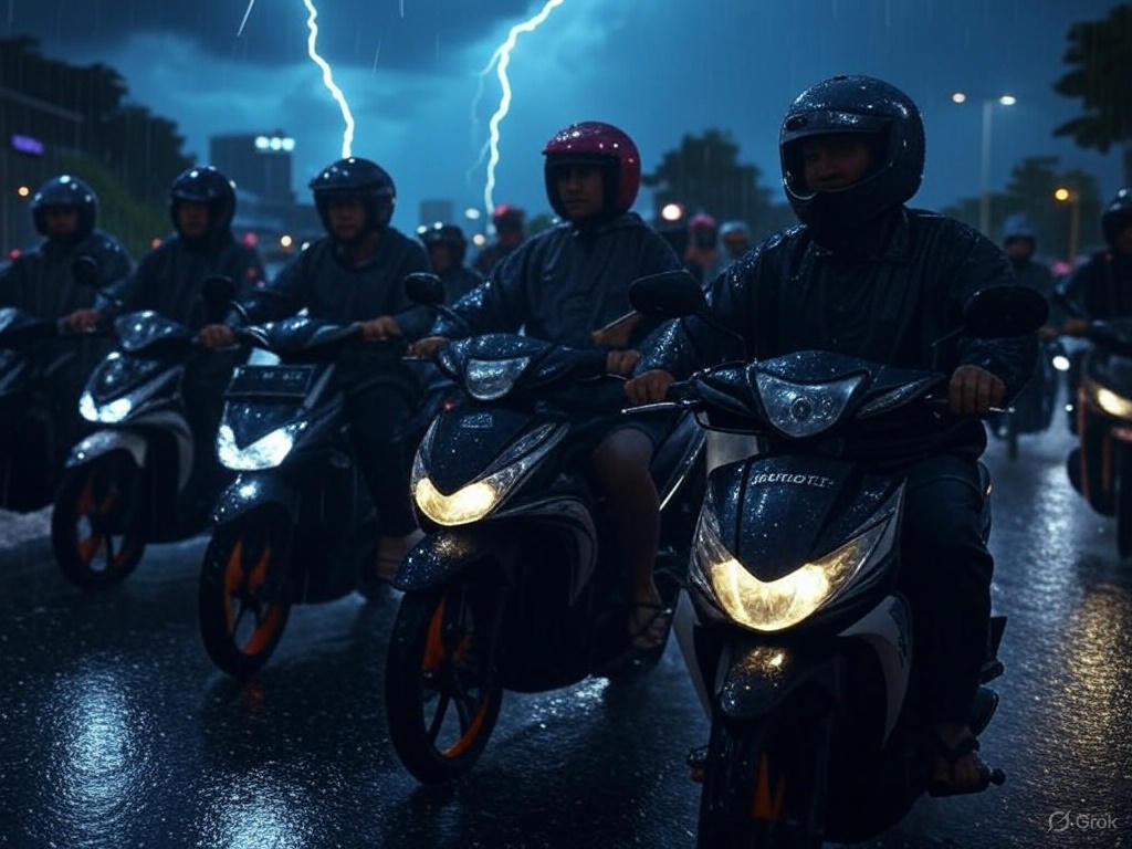 Ilustrasi hujan deras mengguyur pengendara motor.