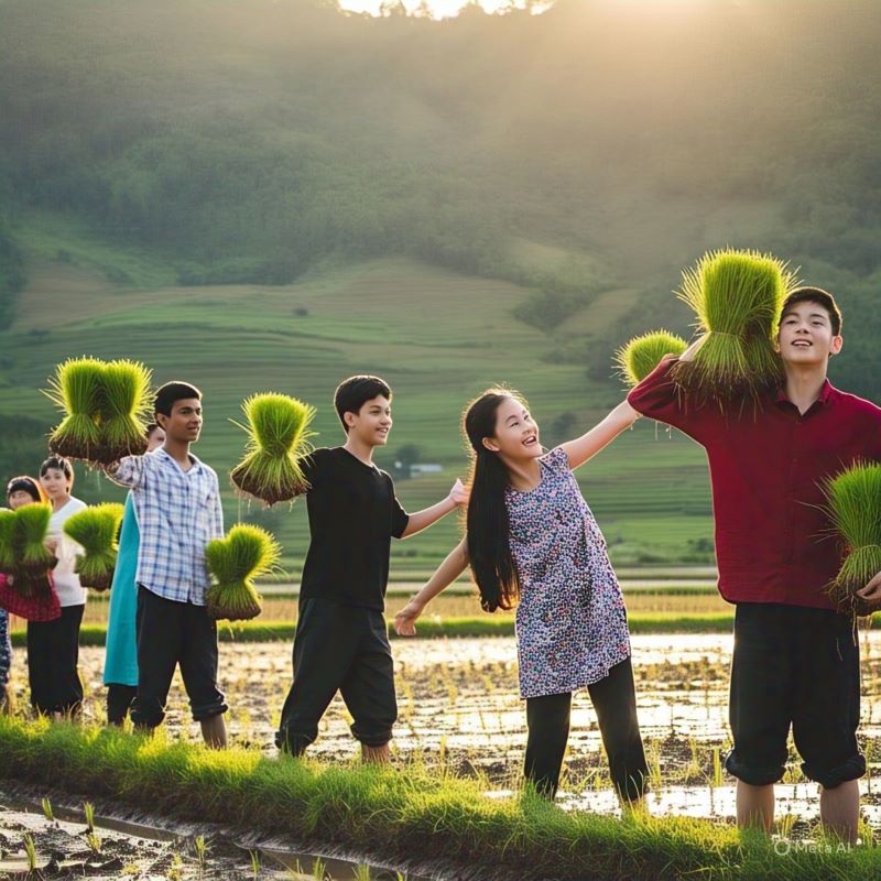 Ilustrasi sekelompok anakmuda hendak menanam padi di sawah.