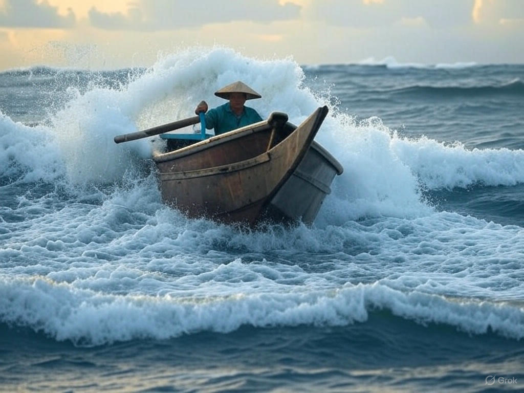 Ilustrasi gelombang tinggi menerjang perahu nelayan.
