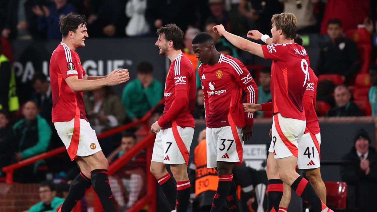 Selebrasi pemain Manchester United setelah mencapai final Europa League kalahkan Athletic Club dengan skor agregat 7-1 di semifinal