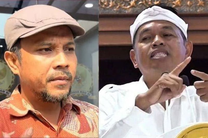 Adhel Setiawan (kiri), wali murid yang berani kritik dan laporkan Gubernur Jawa Barat Dedi Mulyadi (kanan) ke Komnas HAM atas program siswa nakal masuk barak militer, Jumat (9/5/2025).