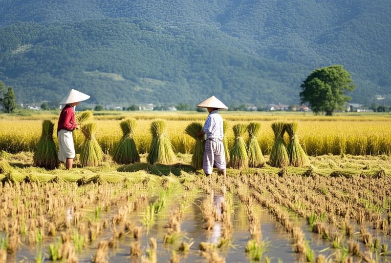 Ilustrasi petani sedang memanen padinya di sawah.