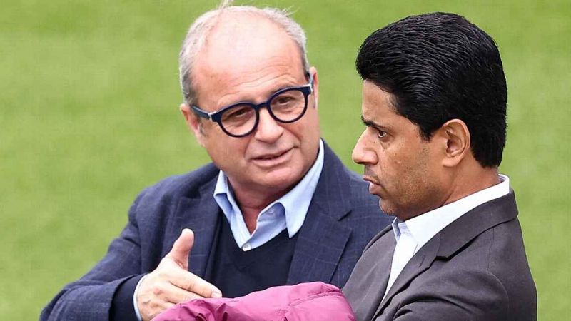 Presiden Paris Saint Germain, Nasser Al Khelaifi (kanan) bersama penasihat olahraga, Luis Campos (kiri)