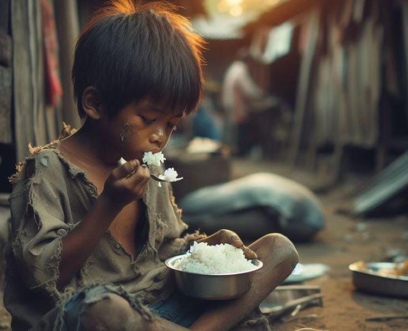 Ilustrasi anak miskin makan.