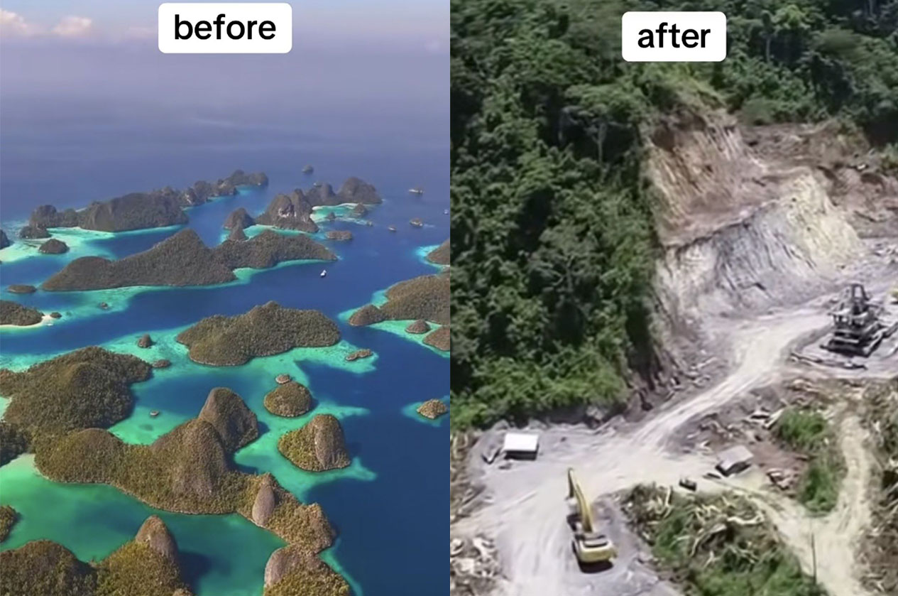 Pemandangan Raja Ampat, Papua Barat sebelum dan sesudah dilakukan penambangan nikel.
