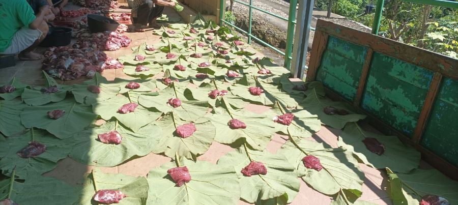 Daging korban ditata rapi di atas daun jati yang ditata berbaris.