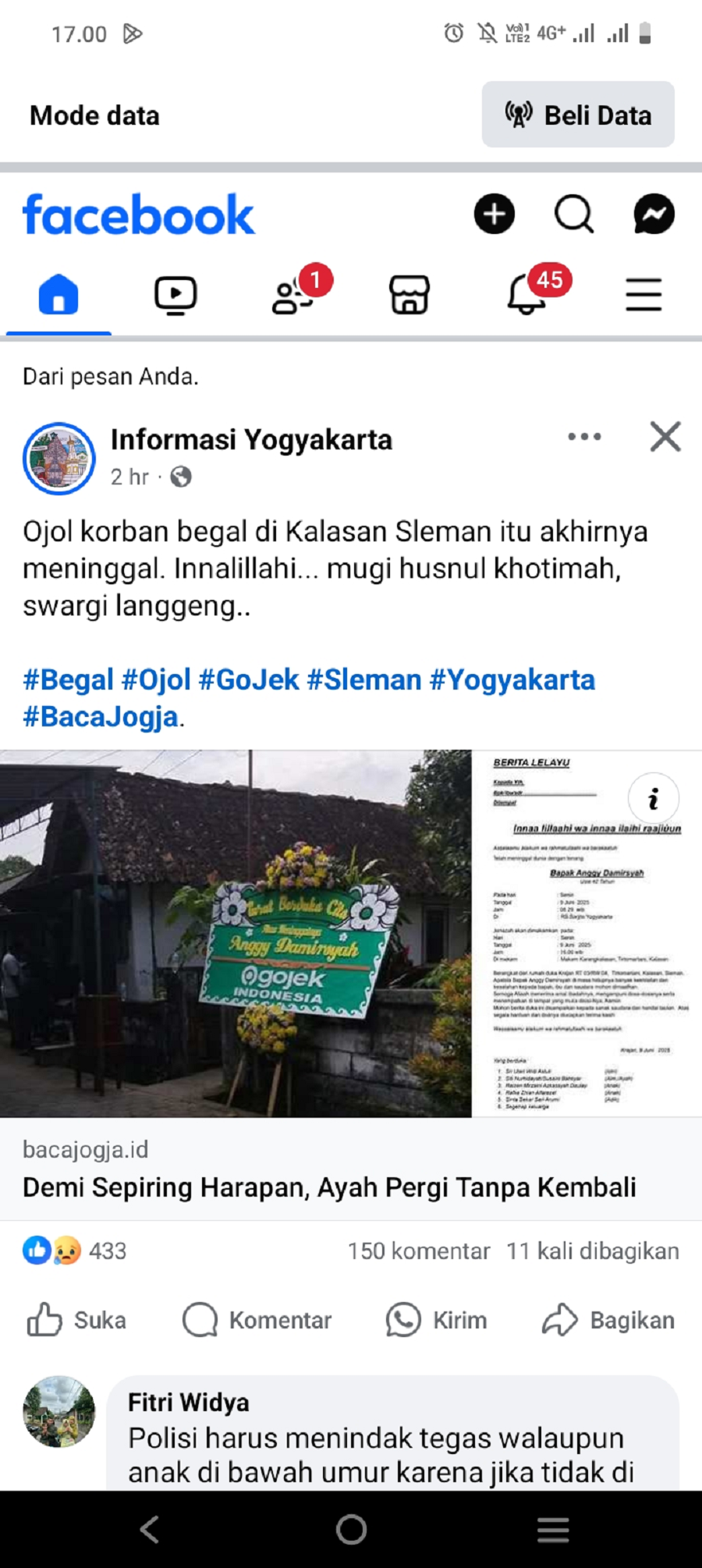 Kabar pengemudi ojol yang meninggal dunia.