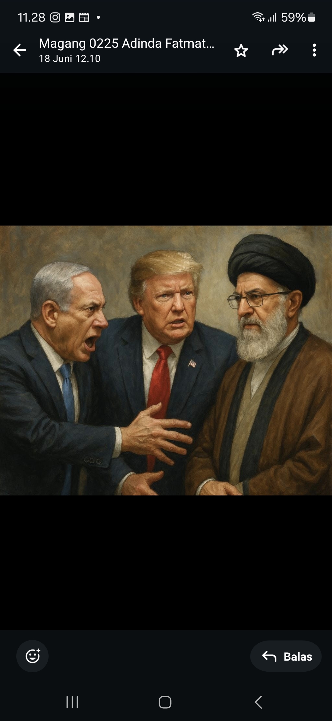 Benjamin Netanyahu (Presiden Israel), Donald Trump (Presiden AS), dan Ayatollah Khamenei (Pemimpin Agung Iran).