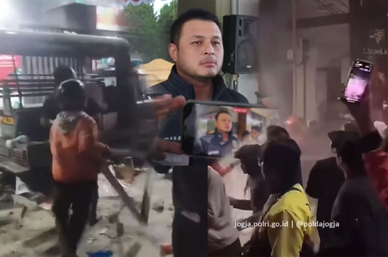 Kericuhan yang terjadi di Bantulan, Godean, Sleman, Sabtu (5/7/2025) dini hari.  Polisi ungkap sejumlah massa driver ojol terekam merusak fasilitas umum hingga mobil polisi.