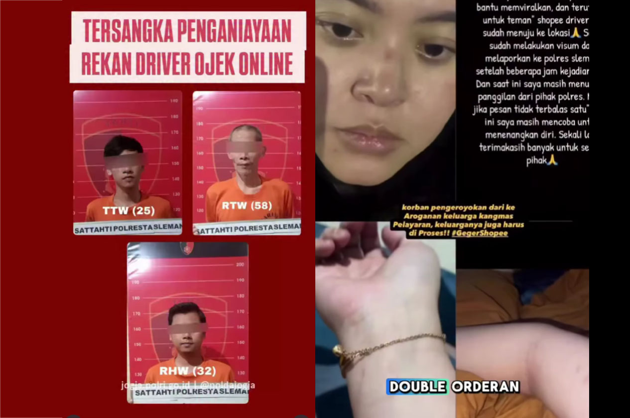 Tiga orang ditetapkan tersangka buntut penganiayaan pacar driver ShopeeFood di Bantulan, Sidoarum, Godean, Sleman, Kamis 93/7/2025).
