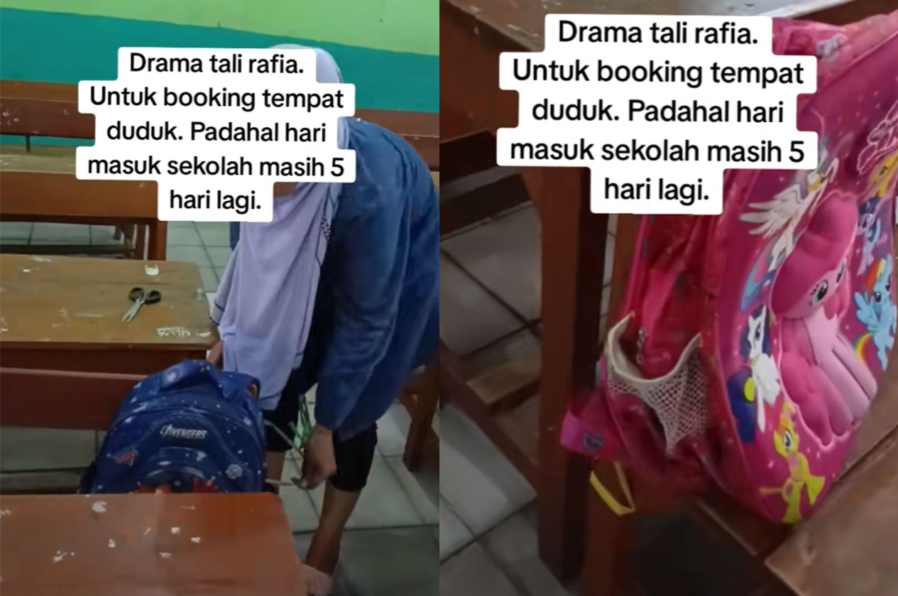 Drama tali rafia, orang tua siswa mengikat tas anaknya pada kursi meja paling depan.