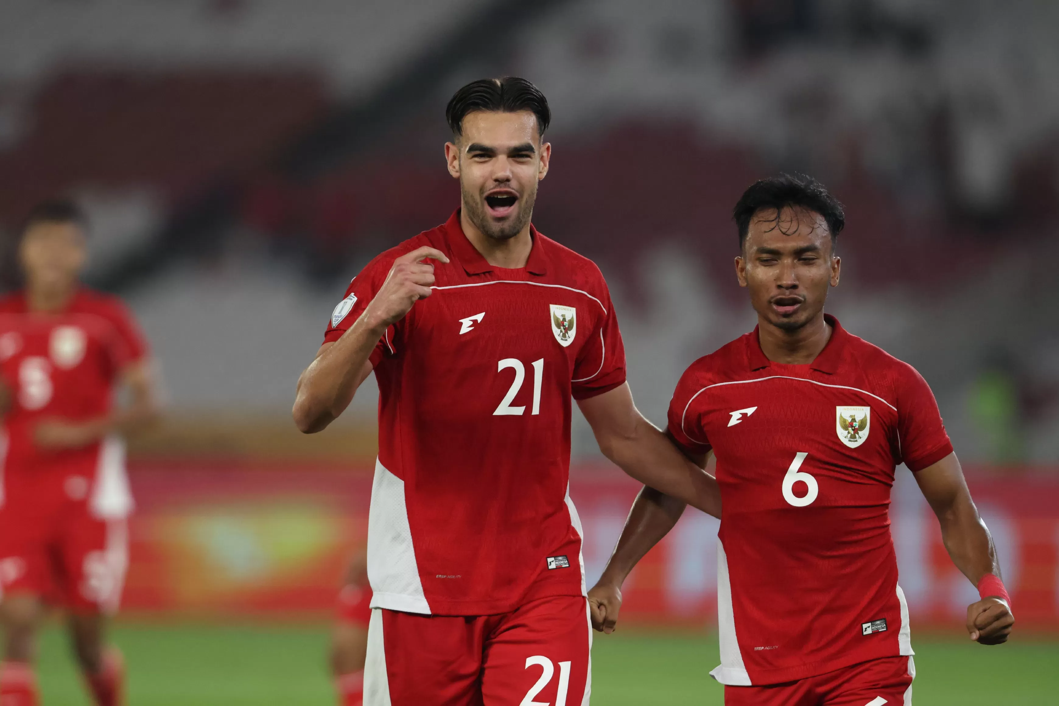 Selebrasi penyerang Timnas Indonesia U23, Jens Raven setelah mencetak gol dalam kemenangan 8-0 atas Brunei Darussalam dalam laga pembua Grup A AFF U23 Championship