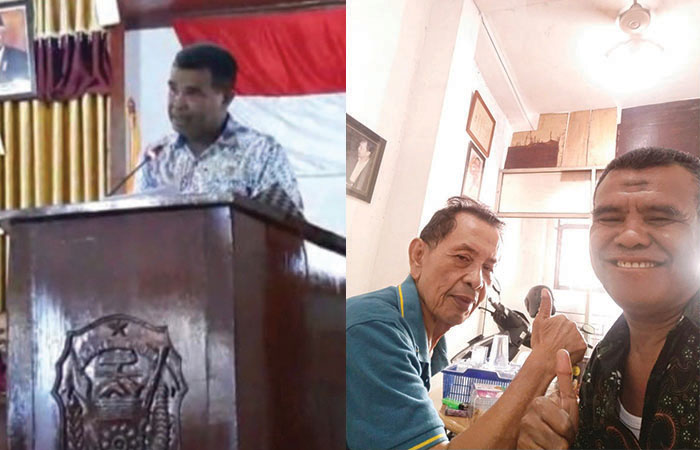 MIMBAR DEWAN: Muhammad Mahlin menyampaikan pemandangan umum di depan rapat paripurna DPRD Kabupaten Flores Timur, NTT. Foto kanan, Mahlin bersama Direktur LPH Jogja Triyandi Mulkan.&nbsp;&nbsp;