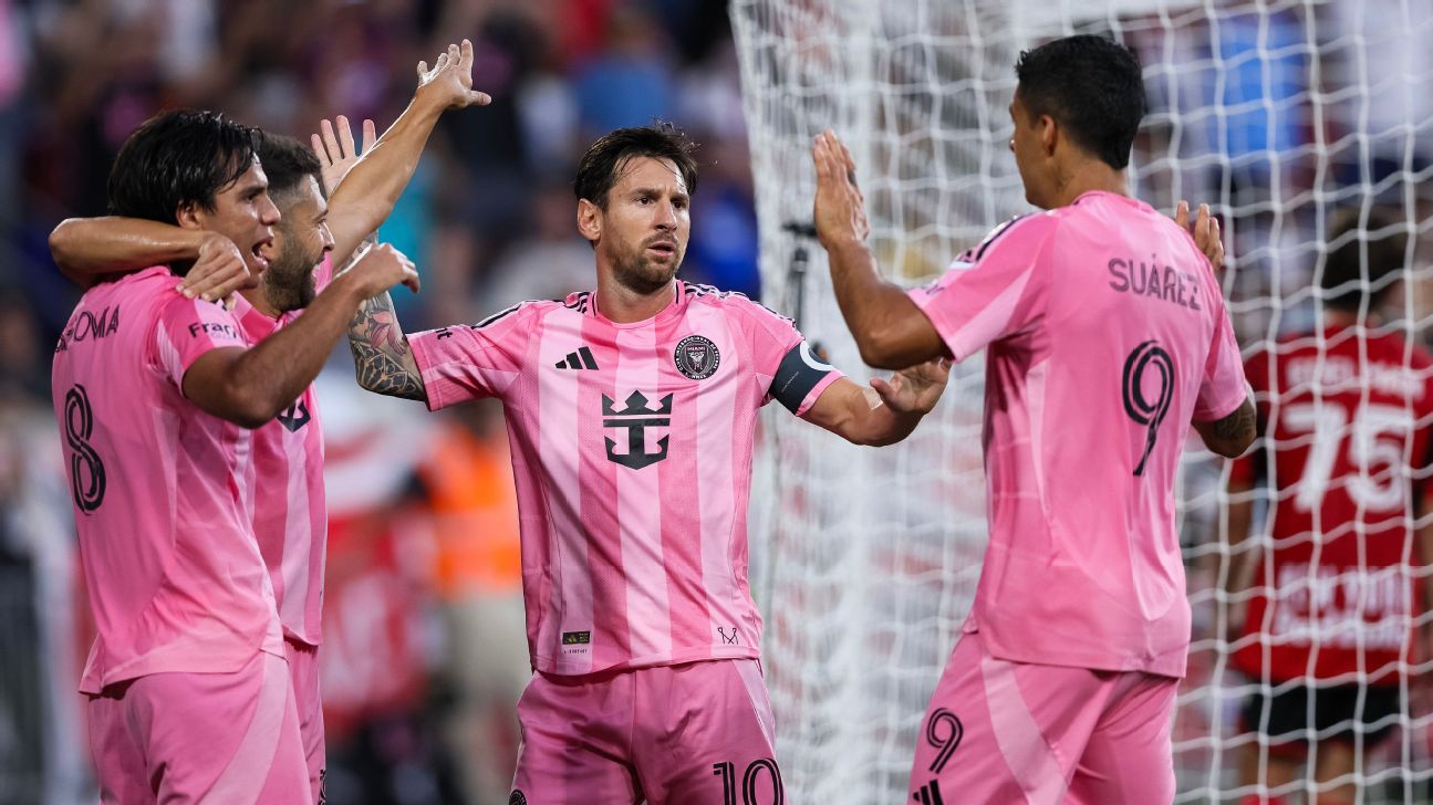 Pemain Inter Miami rayakan kemenangan atas New Yord Red Bulls