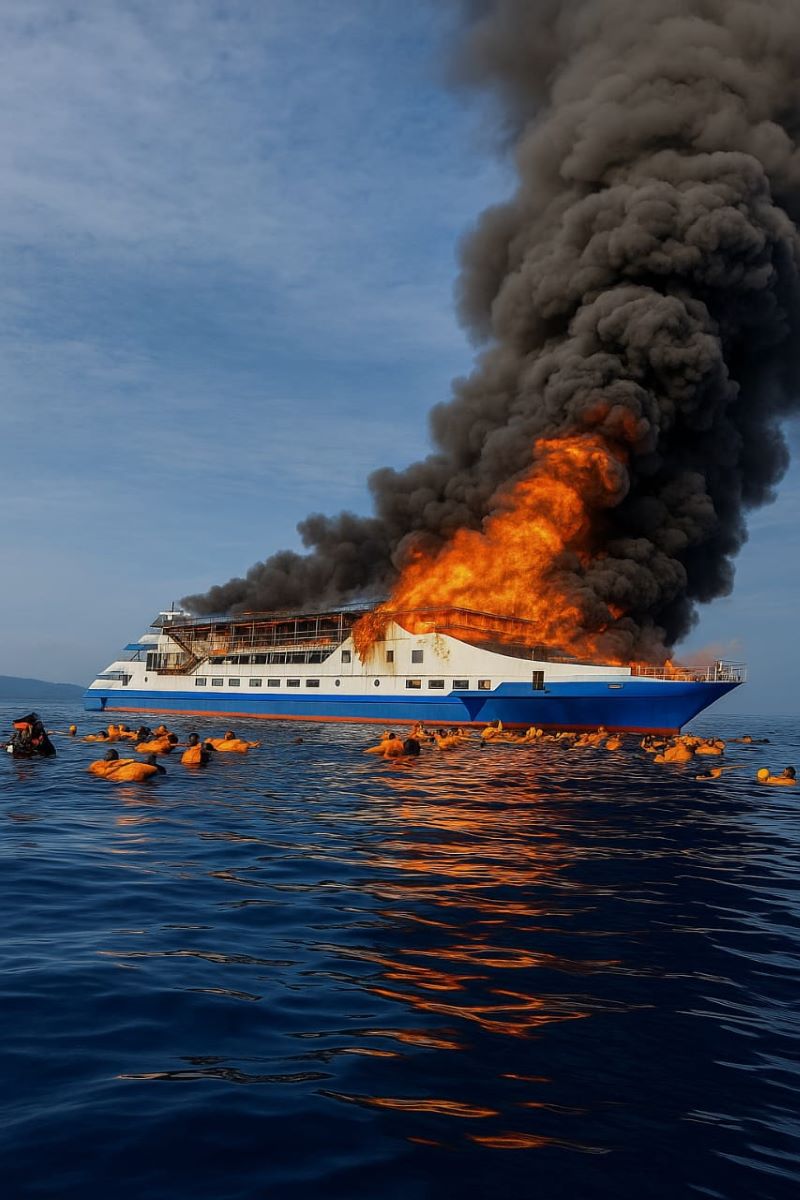 Ilustrasi KM Barcelona yang terbakar di perairan Kepulauan Talise, Kabupaten Minahasa Utara.